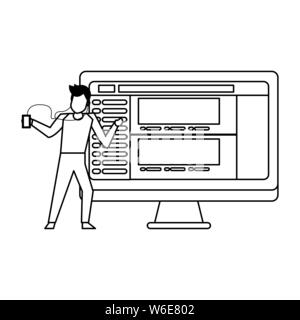 social media network chatting cartoon in black and white Stock Vector