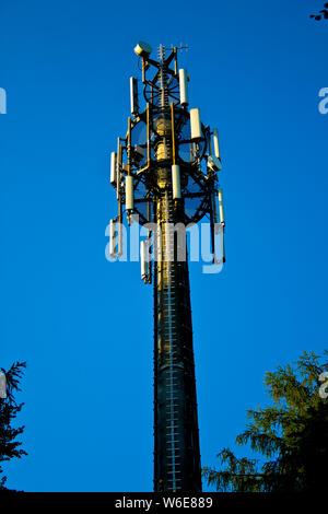 Telecommunications equipment - directional mobile phone antenna dishes. Wireless communication with bright blue sky background. Stock Photo