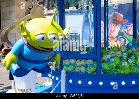 A replica of Little green man / Squeeze Toy Aliens during the Carnival. Toy  Story 4 is celebrated with a themed carnival of different games and  challenges by Hong Kong Harbour City