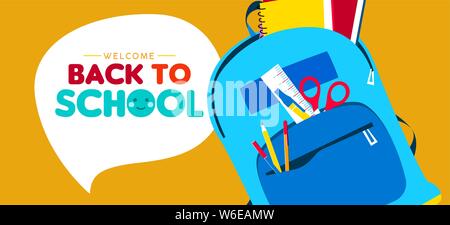 Back to school web banner, colorful kid backpack illustration. Student bag with class supplies and happy typography quote. Stock Vector