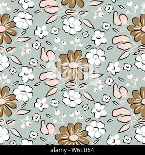 Seamless flowers vintage hand drawn brown beige colors vector pattern. Stock Vector