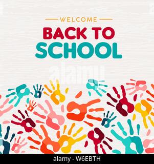 Welcome back to school greeting card illustration of colorful children hand print background for diverse education community and creativity. Stock Vector