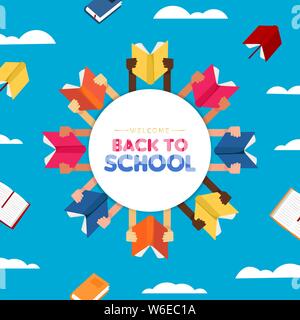 Welcome back to school illustration of diverse children hands holding open books. Worldwide education concept for knowledge and imagination. Stock Vector