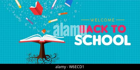 Welcome back to school web banner illustration of open book tree. Reading education concept, class learning for children worldwide. Stock Vector