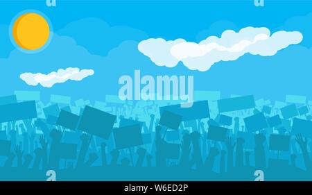 Silhouette of cheering or riot protesting crowd with flags and banners. Protest, revolution, demonstrators or conflict. Sun with clouds. Vector illustration Stock Vector