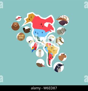 The Americas continent map with wild animals from south and north america. Diverse wildlife icons includes bear, monkey, bird, wolf, exotic fauna. Stock Vector