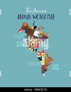 The Americas map made of wild animals from south and north america. Diverse wildlife in continent shape includes bear, monkey, bird, wolf, exotic faun Stock Vector