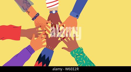 Diverse young people hands on isolated background. Teenager hand group high five celebration or friend community concept. Flat cartoon illustration of