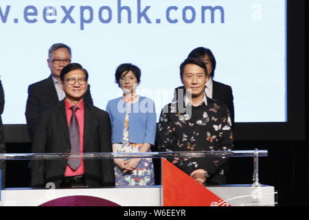 Hong Kong singer and actor Leon Lai Ming, right, attends the launch ceremony of the 14th Entertainment Expo in Hong Kong, China, 19 March 2018. Stock Photo