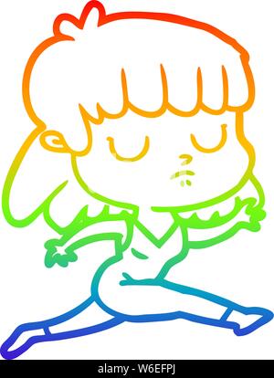 rainbow gradient line drawing of a cartoon indifferent woman running Stock Vector
