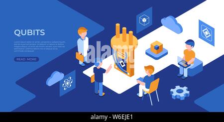 Artificial quantum computing and qubits technology isometric 3d icons infographics with people, digital vector advert infographics Stock Vector