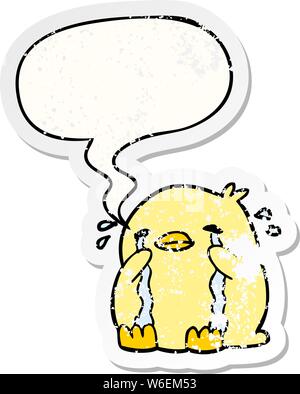 cartoon crying bird with speech bubble distressed distressed old sticker Stock Vector