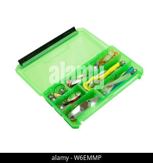 fishing tackles and fishing baits isolated on white background, Fish Lures Box Stock Photo