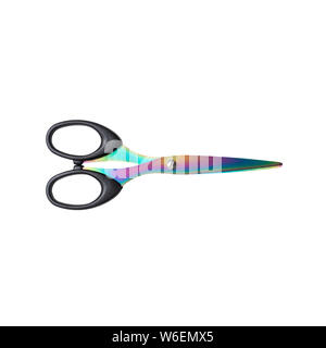 sharp rainbow colored scissor with black plastic handle isolated on white background. top view Stock Photo