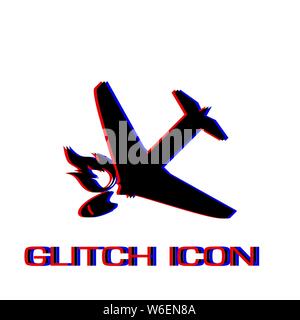 Crash plane icon flat. Simple pictogram - Glitch effect. Vector illustration symbol Stock Vector