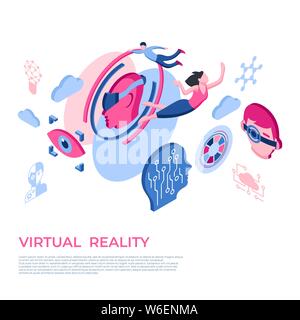 Artificial virtual reality technology isometric 3d icons infographics with people, digital vector advert infographics Stock Vector