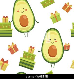 Vector seamless pattern with smiling avocado characters and colourful gifts for kids isolated on a white background. Endless texture. Wrapping paper Stock Vector