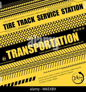 Black and yellow tire track background with sample text for service station Stock Vector