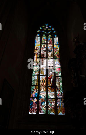 window glass mucha liberty style of kutna hora dome saint barbara church czech republic Stock Photo