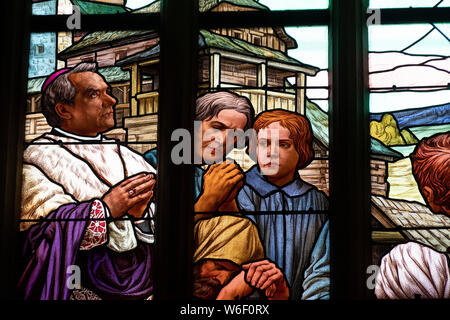 window glass mucha liberty style of kutna hora dome saint barbara church czech republic Stock Photo