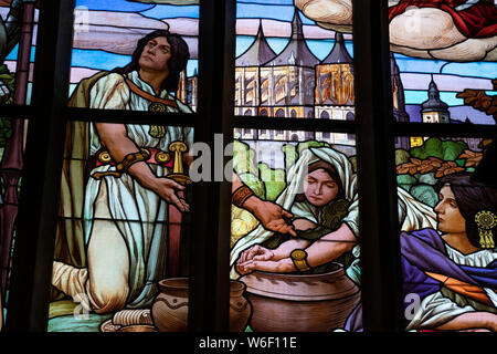 window glass mucha liberty style of kutna hora dome saint barbara church czech republic Stock Photo