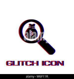 Search money icon flat. Simple pictogram - Glitch effect. Vector illustration symbol Stock Vector