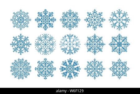 vector set of white snowflakes isolated on blue background