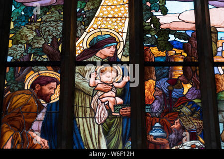 window glass mucha liberty style of kutna hora dome saint barbara church czech republic Stock Photo