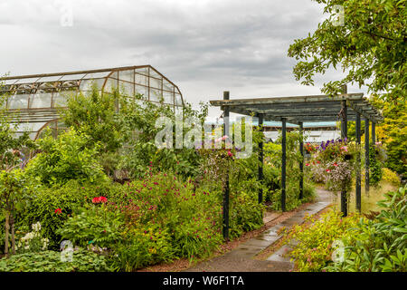 INVERNESS SCOTLAND THE BOTANIC GARDENS PERGOLA WITH HANGING BASKETS OF COLOURFUL FLOWERS Stock Photo