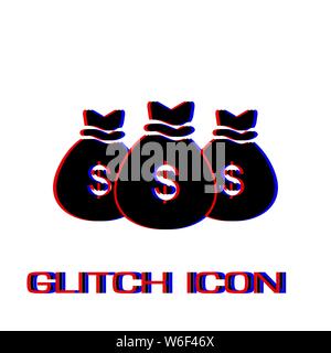 Money bags icon flat. Simple pictogram - Glitch effect. Vector illustration symbol Stock Vector