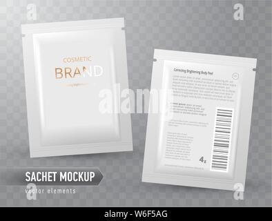 Vector realistic blank package, disposable foil sachet for facial mask or shampoo, isolated on transparent background. Cosmetic product for face care Stock Vector