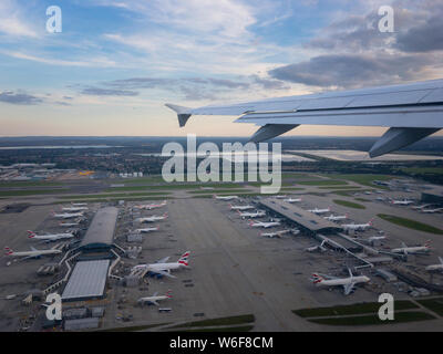 Heathrow, United Kingdom – August 13, 2017: Aerial view of airplanes from British Airways (BA) at the T5 Terminal 5 at London Heathrow Airport (LHR), Stock Photo