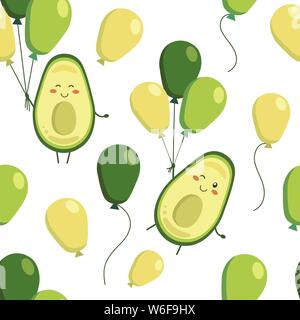 Vector seamless pattern with smiling avocado characters and flying colourful balloons in yellow green colors. Endless texture. Wrapping paper,textile Stock Vector