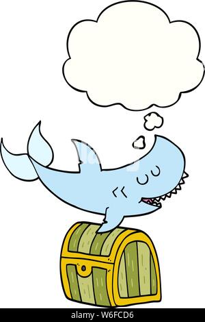 cartoon shark swimming over treasure chest with thought bubble Stock Vector