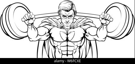 Superhero Mascot Weightlifter Lifting Big Barbell Stock Vector