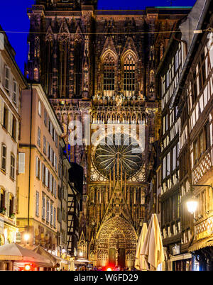 Notre-Dame gothic cathedral 14th century at night, rose window, Strasbourg, Alsace, France, Europe Stock Photo