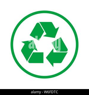 Simple green recycle sign in a circle. Recycle symbol, icon or logo on white background. Label for recyclable products. Reduce reuse recycle concept. Stock Vector