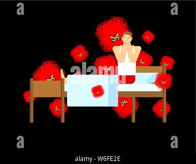 Guy in bed nightmare monster. Man is afraid at night Stock Vector