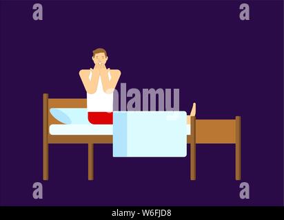 Guy in bed is nightmare. Man is afraid at night Stock Vector