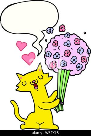 cartoon cat in love with flowers with speech bubble Stock Vector