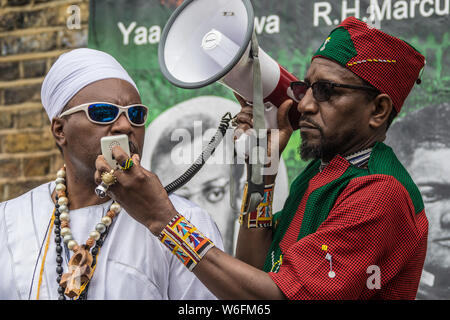 London, UK. 1st Aug, 2019. Hundreds of protesters marched from Windrush Square in Brixton to Parliament Square to demand slavery reparations. Credit: David Rowe/Alamy Live News Stock Photo