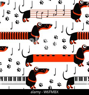 Dachshund dogs in the form of musical instruments and notes. Flute, piano, accordion. Seamless pattern. Funny flat illustration Stock Vector