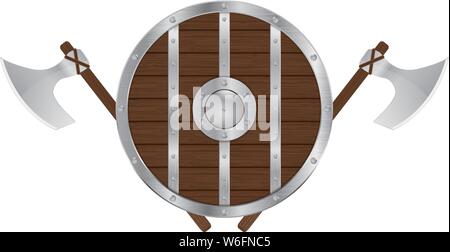 Round wooden shield with axes Stock Vector