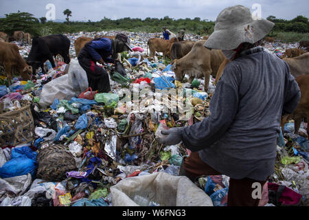Lhokseumawe, Aceh, Indonesia. 1st Aug, 2019. Scavengers pick up used plastic at landfill sites in Lhokseumawe, Aceh, Indonesia. Data from the Worldwide Fund for Nature (WWF), about 300 million tons of plastic are produced each year, most of which end up in landfills and the sea, polluting the sea. In fact, this has become an international crisis that continues to grow today. Credit: Zikri Maulana/SOPA Images/ZUMA Wire/Alamy Live News Stock Photo