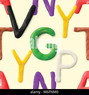 Seamless pattern with alphabet. Handmade modeling clay letters. Realistic 3d vector lettering background. Stock Vector