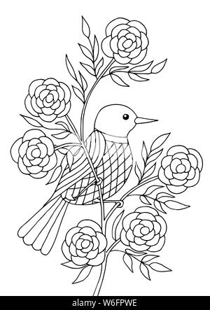Bird sitting on a branch of a flowering tree, coloring page for ...