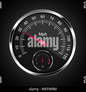 Realistic illustration of speedometer on dark car dashboard with mileage indicator per hour and engine temperature - vector Stock Vector