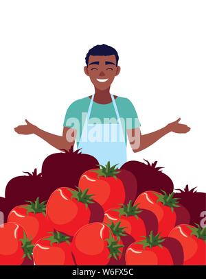 seller man farm products harvest tomatoes vector illustration Stock Vector