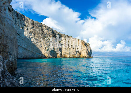 Greece, Zakynthos, Impressive cliffs at north cape skinari alongside blue ocean Stock Photo