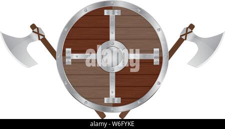 Round wooden shield with axes Stock Vector